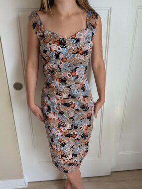Vintage Silk Dress Audrey K Floral Paisley Sheath Midi Dress Size XS Made in USA